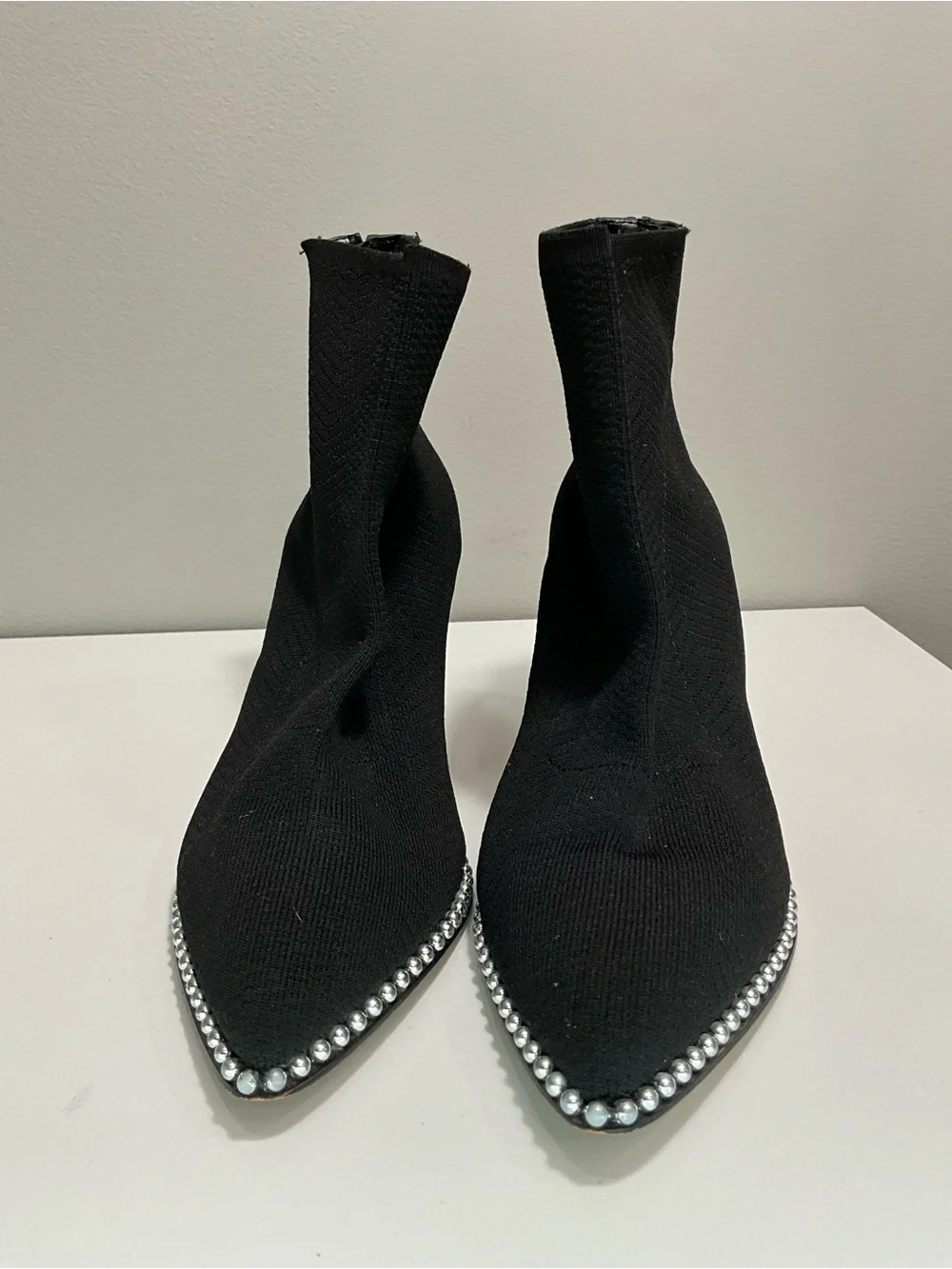 BCBGENERATION Black Sock Booties Silver Bead Trim Pointed Toe Boots 8.5